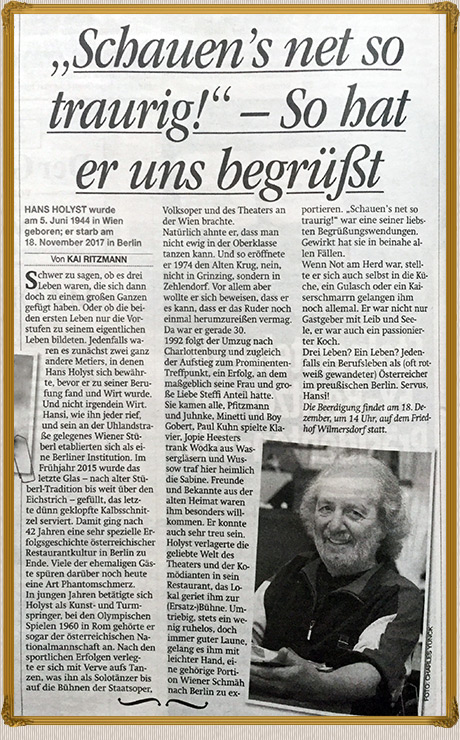 Schauen's net so traurig! Nachruf an Promiwirt Hansi Holyst